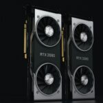 Close-up of two NVIDIA RTX 2080 graphics cards with dual fans, high-performance hardware.