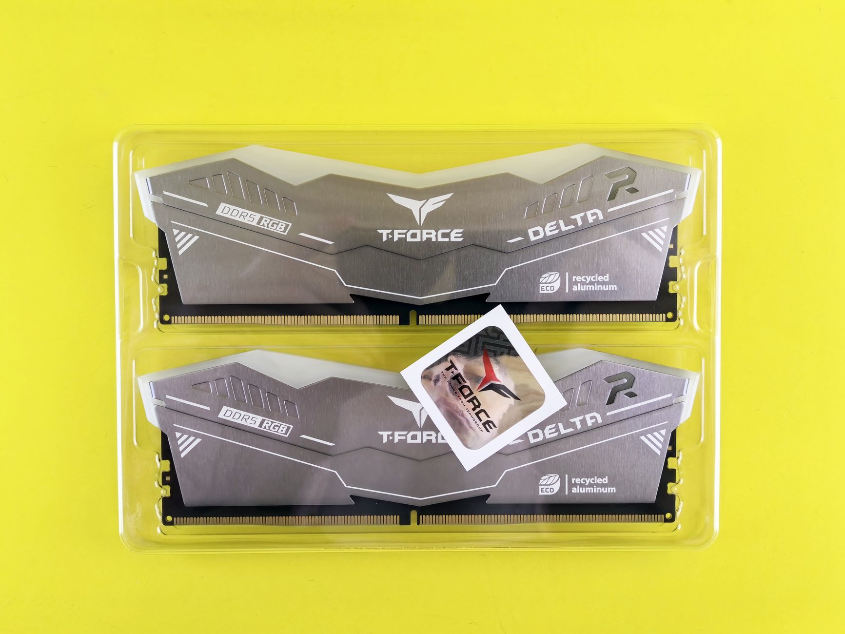 High-performance T-FORCE DDR5 RGB RAM modules with eco-friendly design in packaging.